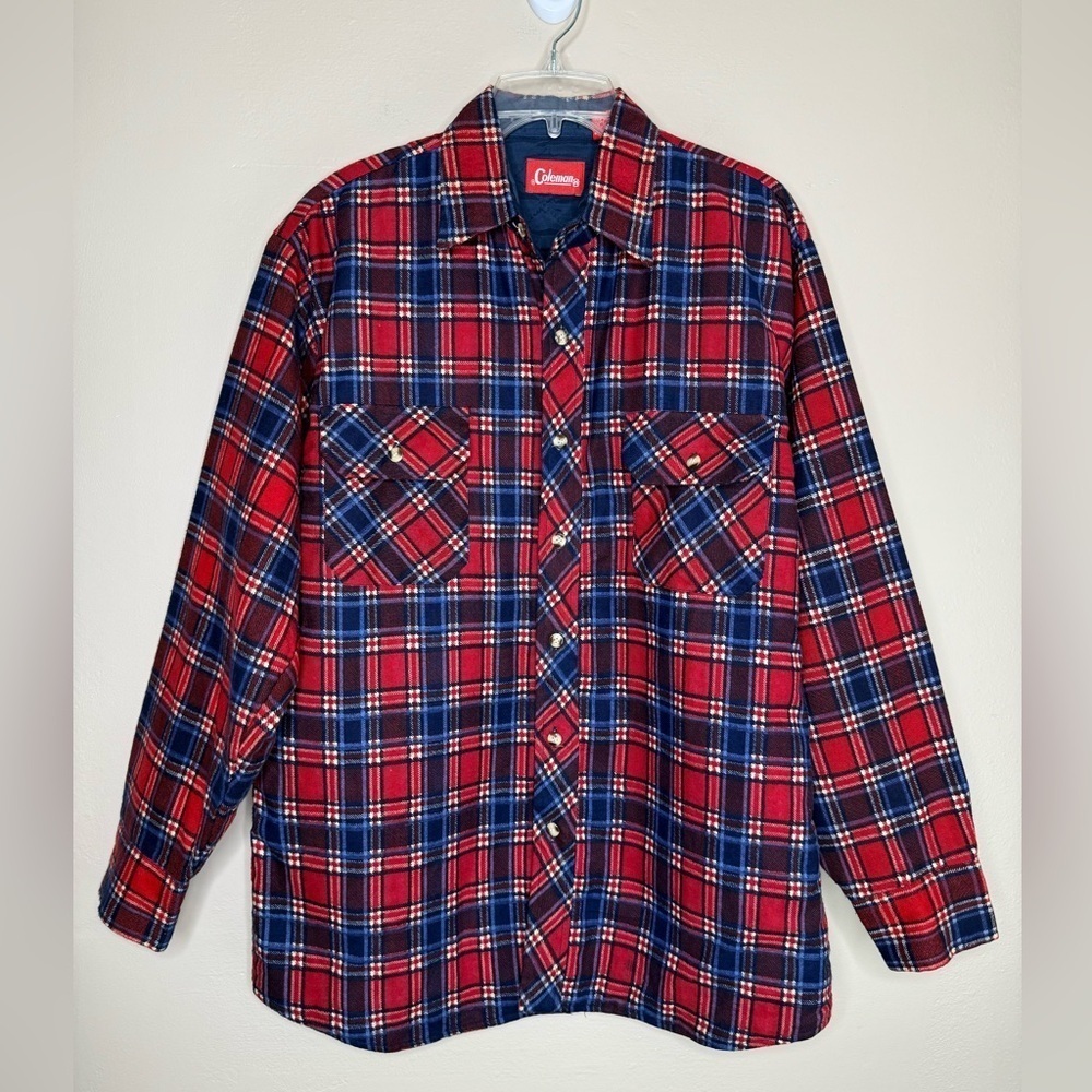 NWOT Coleman Flannel Shirt Jacket Red and Blue Plaid Quilted Lining Size Medium